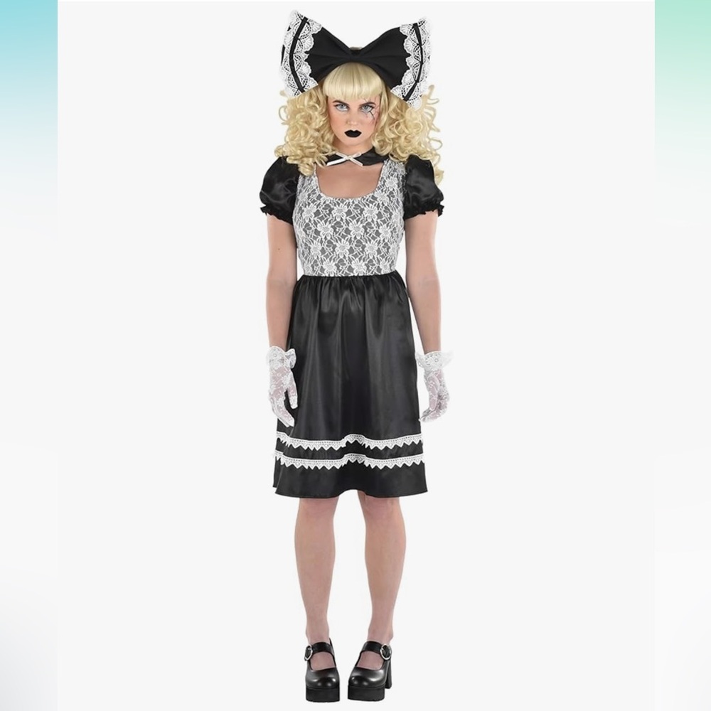 Halloween Creepy Doll Dress Costume - Black and White Adult S/M